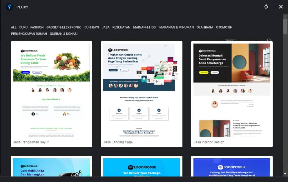 Pilih koleksi template landing page pegxy